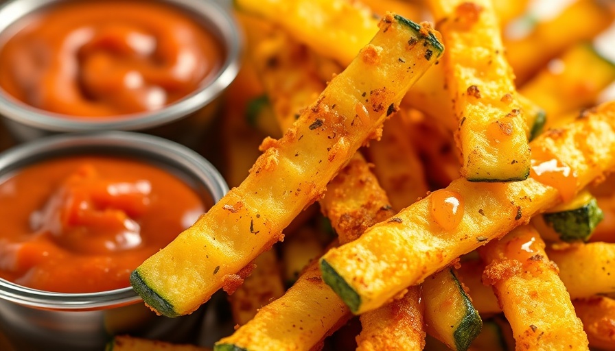 Crispy golden zucchini fries near a spicy dip, air fryer recipes.