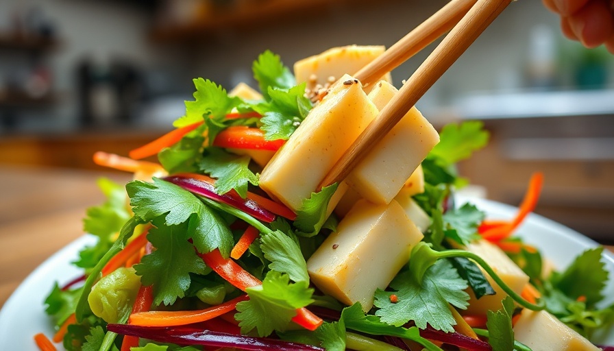 Colorful tofu salad with mental health foods in a bowl.