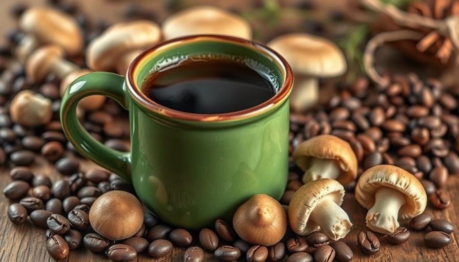 Artisanal mushroom coffee on rustic table, trending food concept.