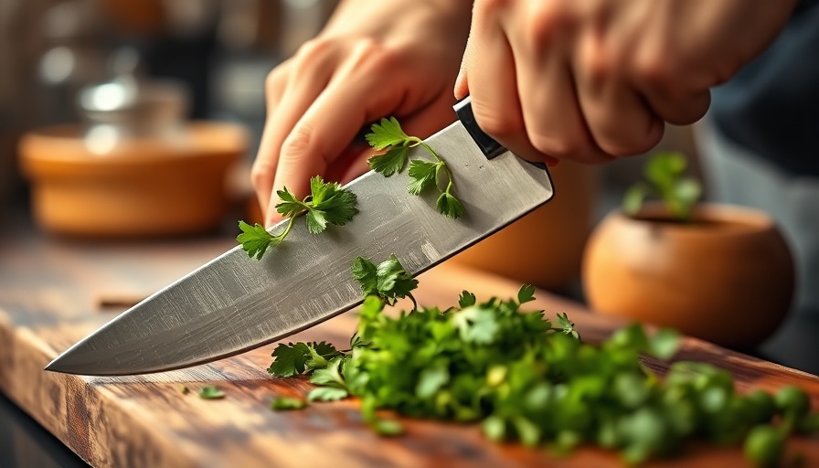 Knife safety demonstrated chopping herbs in close-up.