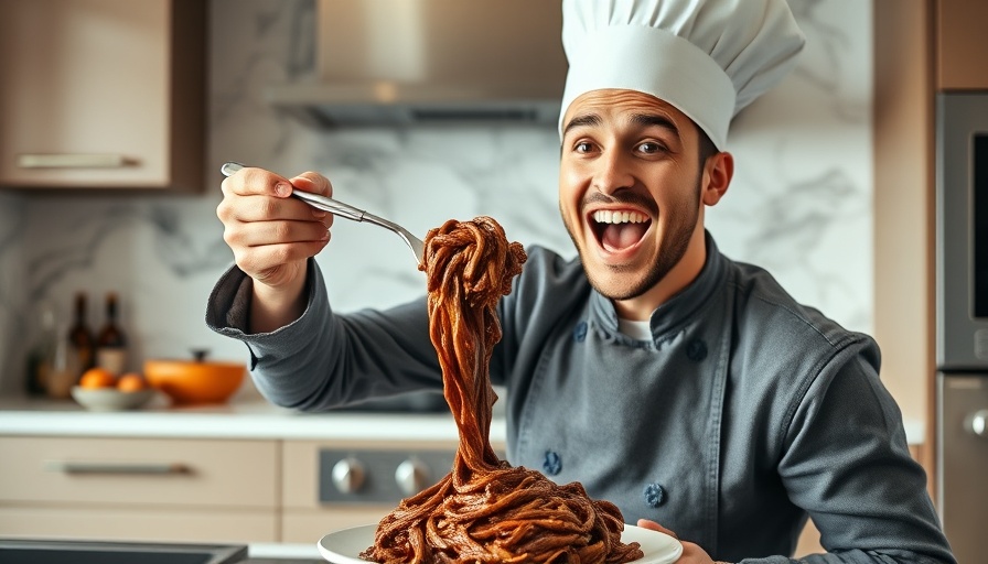 Chef excitedly enjoying chocolate pasta in a modern kitchen.