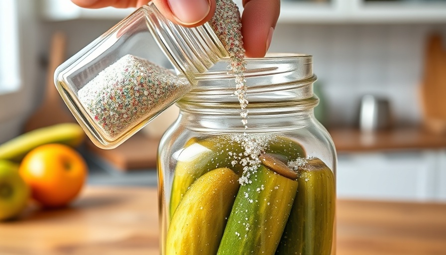 Hand adding glitter to a jar of pickles on a kitchen counter.