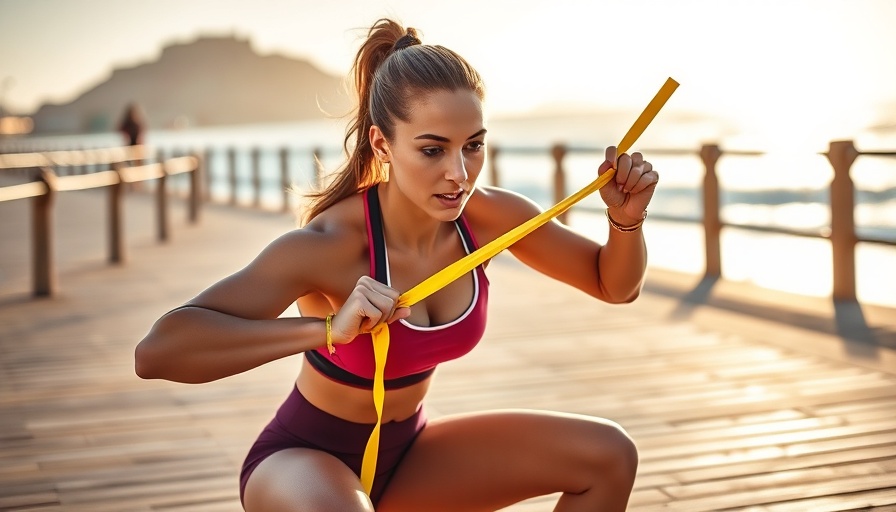 Athletic woman doing resistance band workouts by the sea