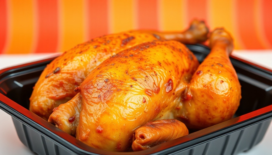 Golden Costco rotisserie chicken in tray with radiant backdrop.