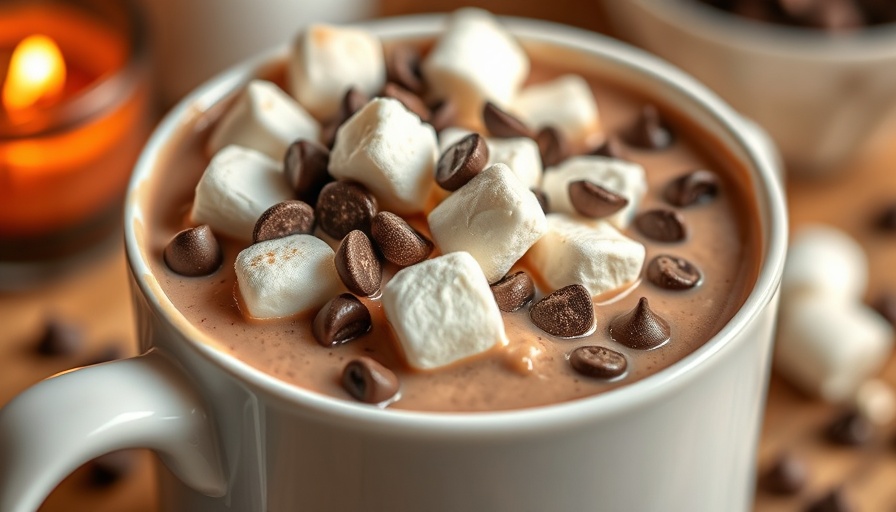 Crockpot hot chocolate topped with marshmallows and chocolate chips in a white mug.