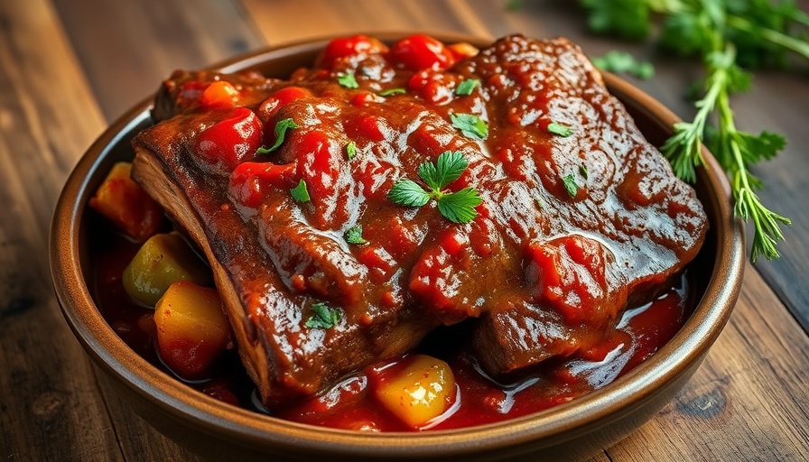 Succulent crockpot short ribs in rich tomato sauce garnished with herbs.