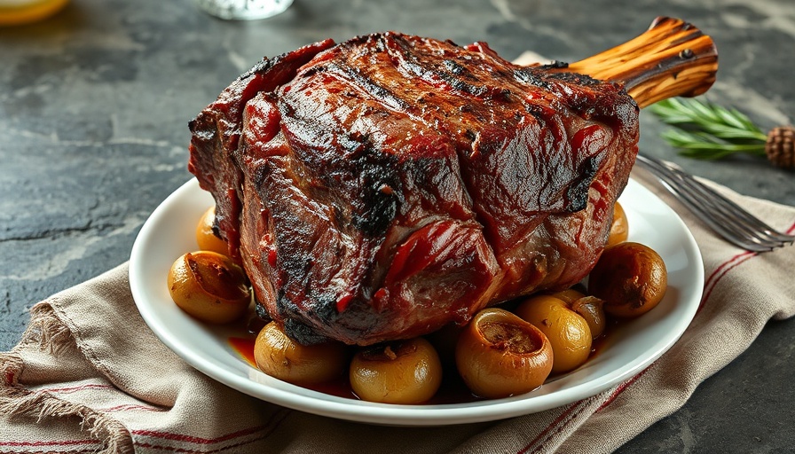 Juicy standing rib roast on white plate with roasted onions.