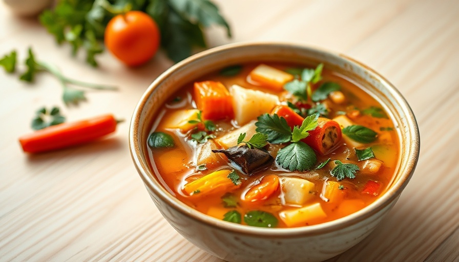 Vibrant immunity soup with vegetables and greens in a bowl.