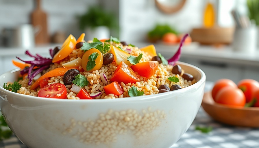 Vibrant vegan farro bowl with colorful vegetables in a bright kitchen.