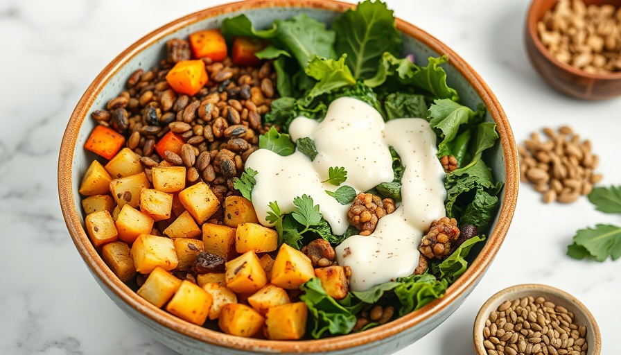 Vegan nourish bowl with kale, lentils, and veggies.