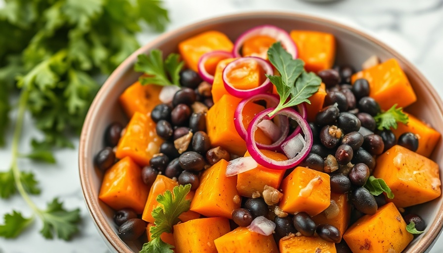 Sweet potato black bean bowls with kale and lime, fresh ingredients.