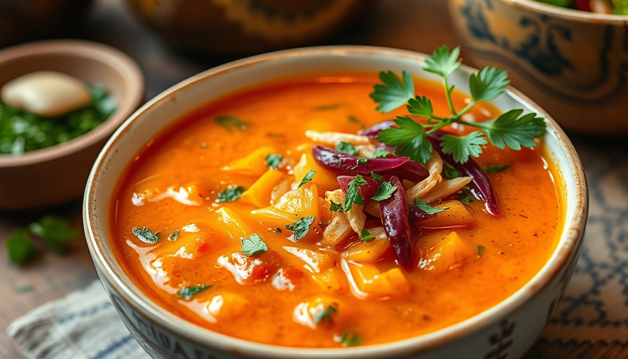 Delicious vegan soup with fresh herbs and spices.