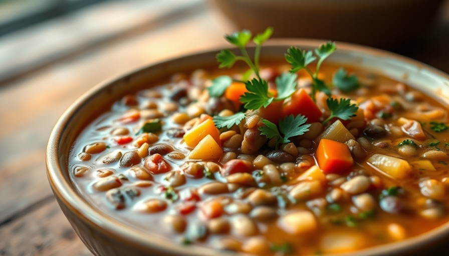 Hearty lentil soup with vegetables in a white bowl