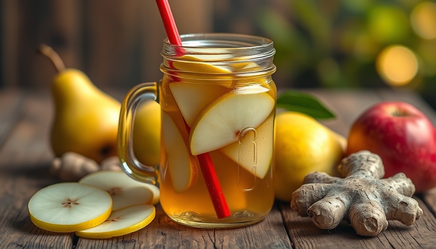 Ginger pear tea in a mason jar with pears and ginger on a table.