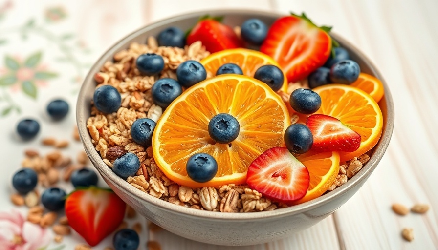 Vibrant bowl of tropical granola with fresh fruits.