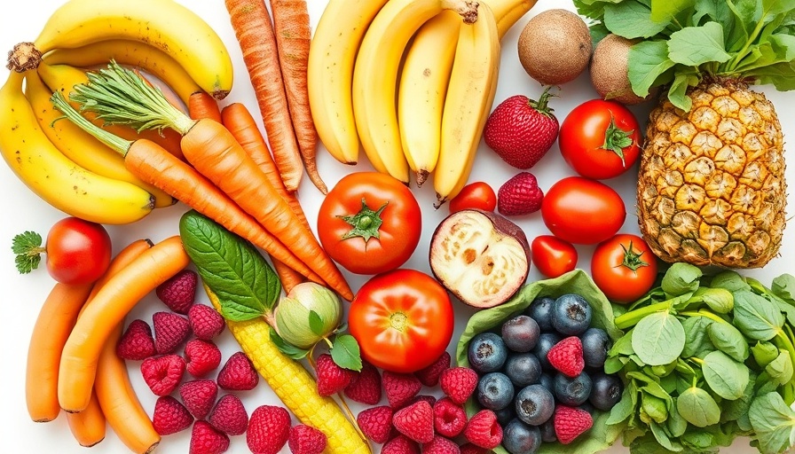 Colorful fruits and veggies display for smoothie recipe.