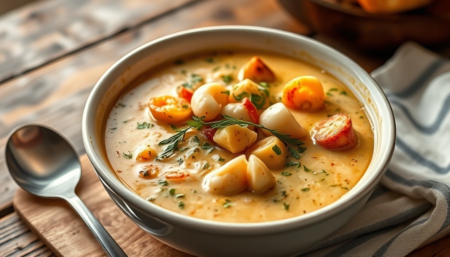 Hearty seafood chowder in a rustic bowl with herbs.