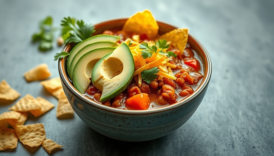 Delicious vegetarian chili with avocado and cheese topping.