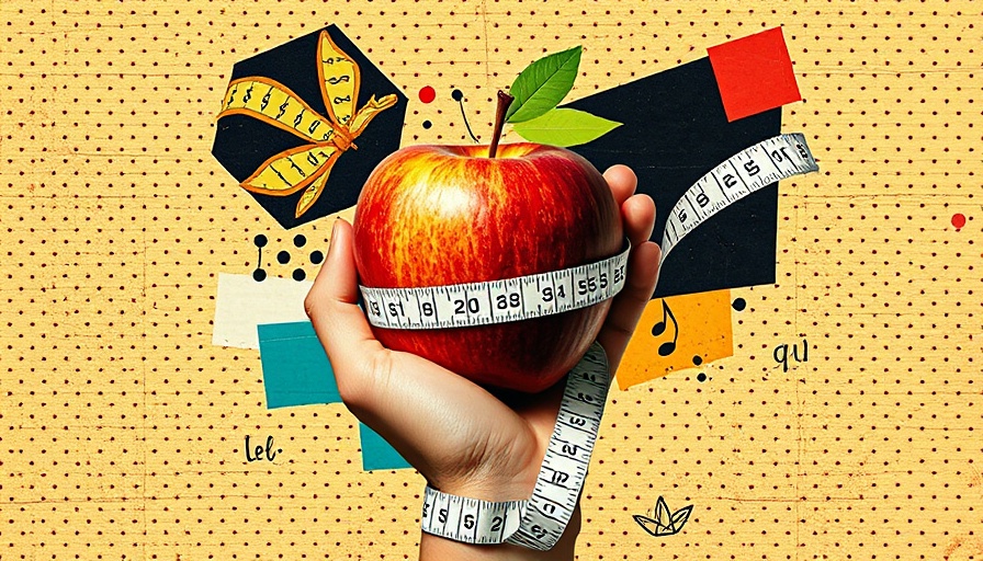 Collage with hand holding apple and measuring tape, unhealthy resolutions.