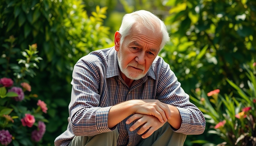 Elderly man resting during exercise in a garden setting.