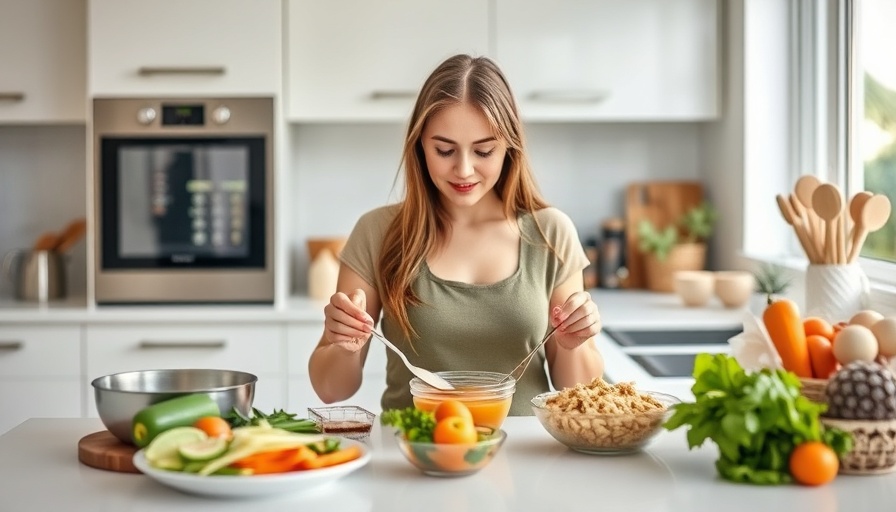 Woman using kitchen tools to prepare meal portions, top view.