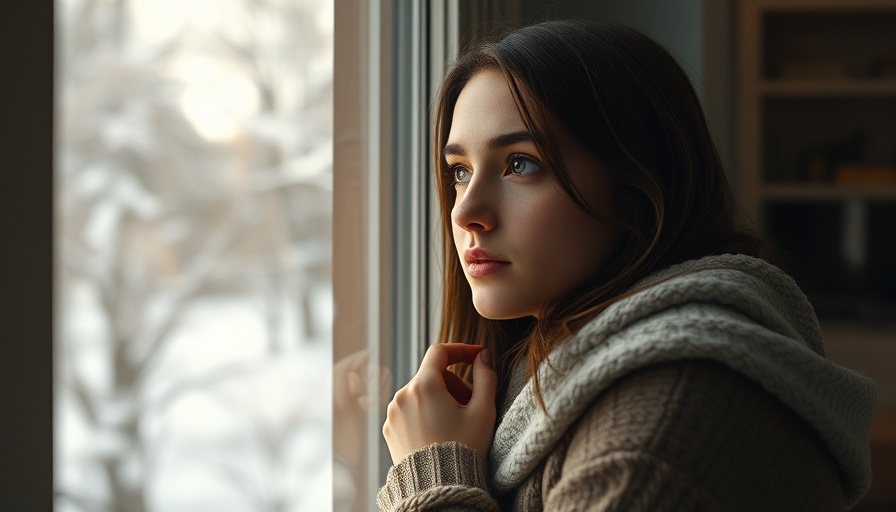 Contemplative young woman reflecting on New Year's Resolutions by window.