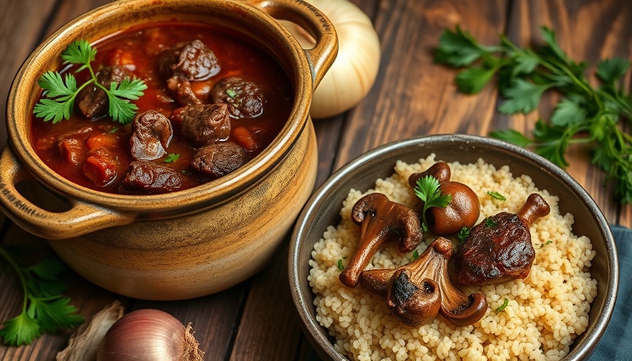 High-protein beef stew with couscous on rustic table.