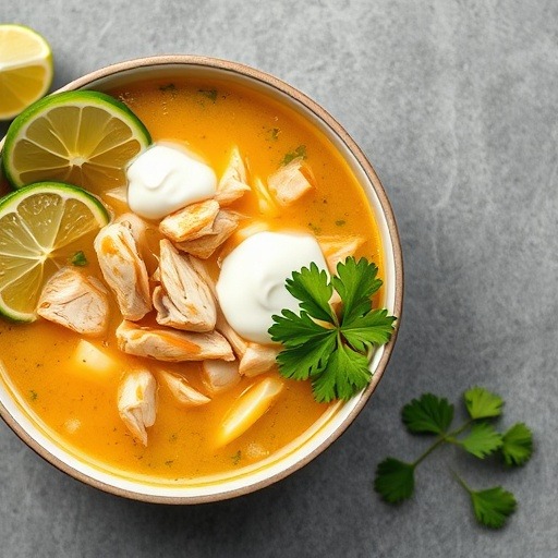 Vibrant low-carb chicken soup with avocado and lime slices.