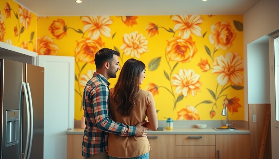 Couple installing yellow floral kitchen wallpaper on wall.