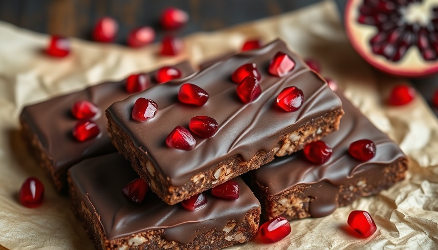 Chocolate-coated heart-healthy snack bars with pomegranate seeds.