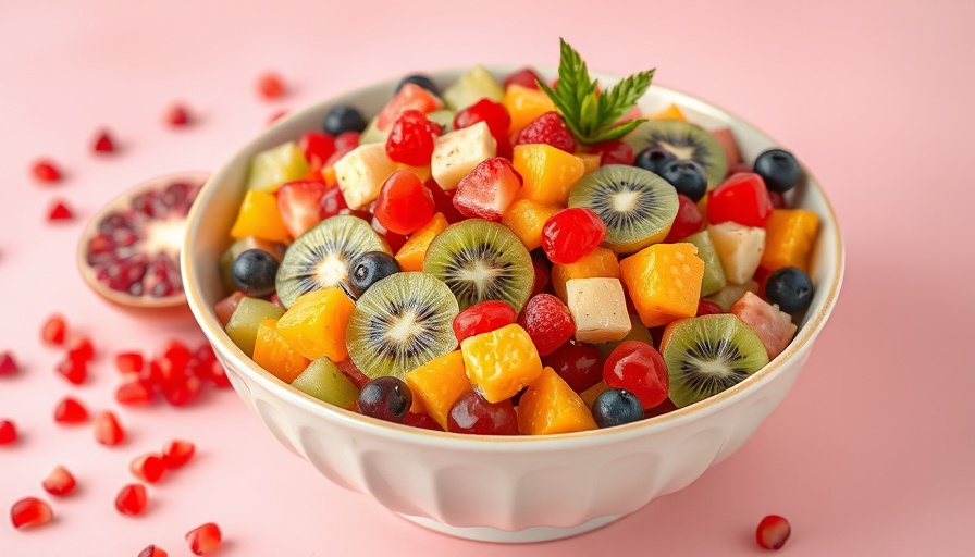 Colorful winter fruit salad in a ceramic bowl on a pink backdrop