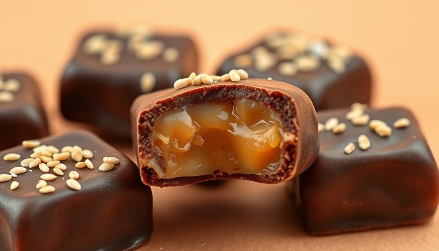 Close-up of chocolate tahini caramels with sesame seeds.