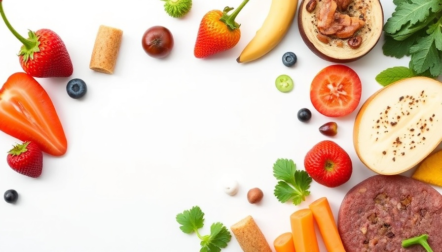 Colorful healthy weight-loss snacks arranged neatly on white background.