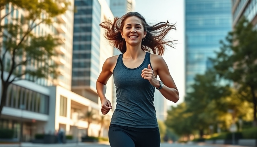 Smiling woman jogging in a city as part of a weekly cardio plan.