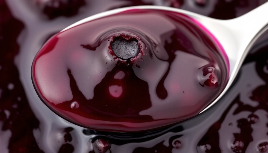 Glossy blueberry jam in a jar with a spoon, close-up view.