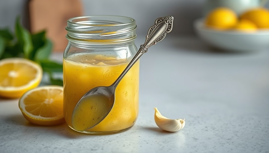 Lemon vinaigrette in glass jar with silver spoon on gray surface.