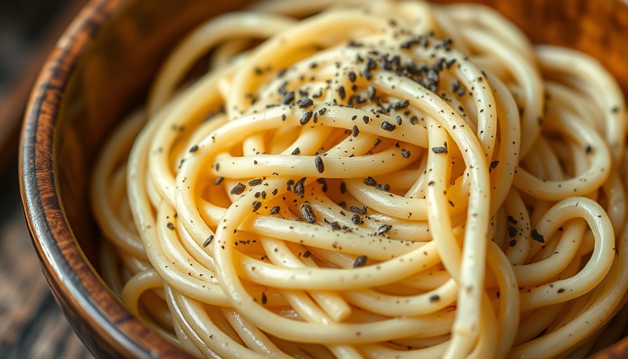 Delicious Cacio e Pepe pasta with black pepper in rustic bowl