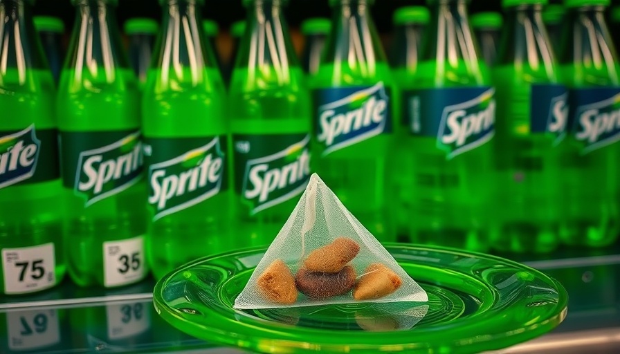 Sprite Tea concept with Sprite bottles and tea bag, vibrant green display.