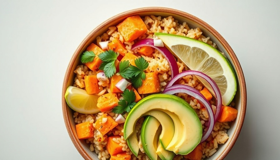 Vibrant vegan rice bowl with avocado, sweet potato.