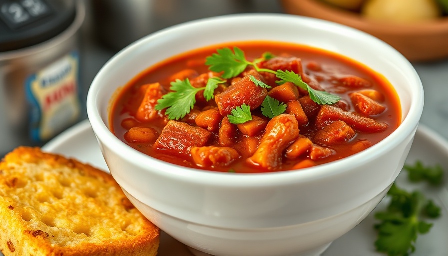 Delicious vegan chili with cilantro and cornbread on a table.