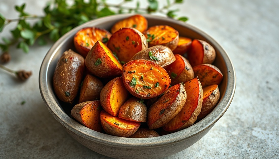 Delicious bowl of roasted sweet potatoes with herbs on a light background.