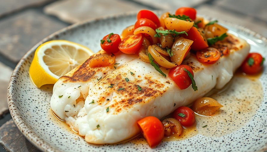 Delicious baked cod with tomatoes and lemon slice