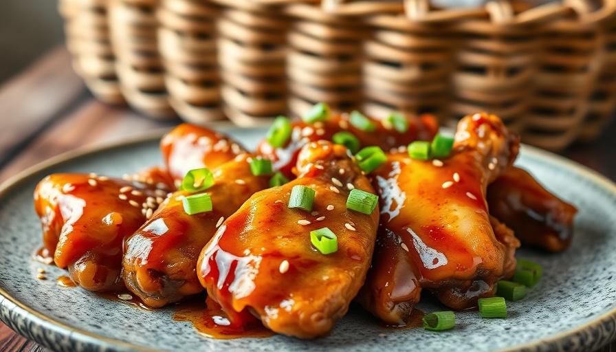 Honey Garlic Chicken Wings glazed with sesame and scallions.