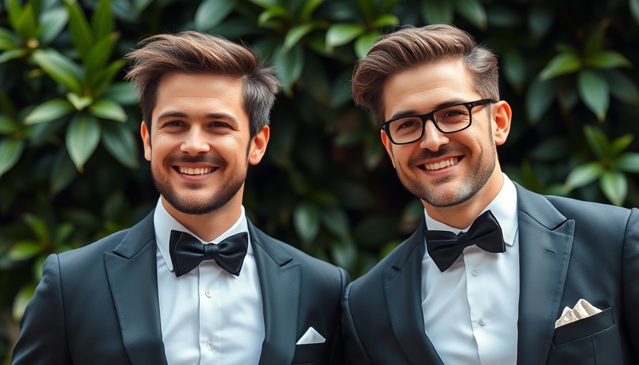 Two men in suits smiling in front of greenery.