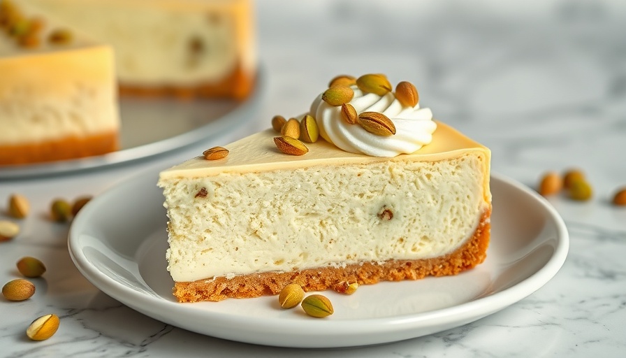 Pistachio cheesecake slice with creamy top and pistachios on a plate.