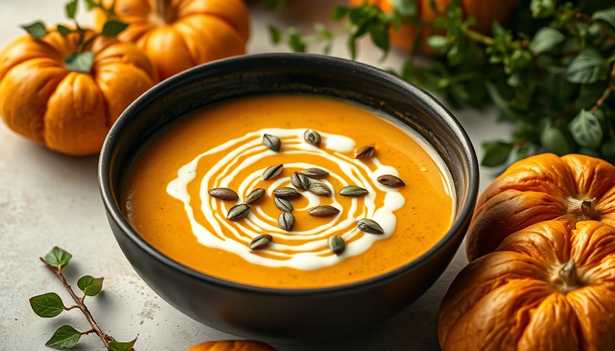 Creamy pumpkin soup with seeds and cream drizzle