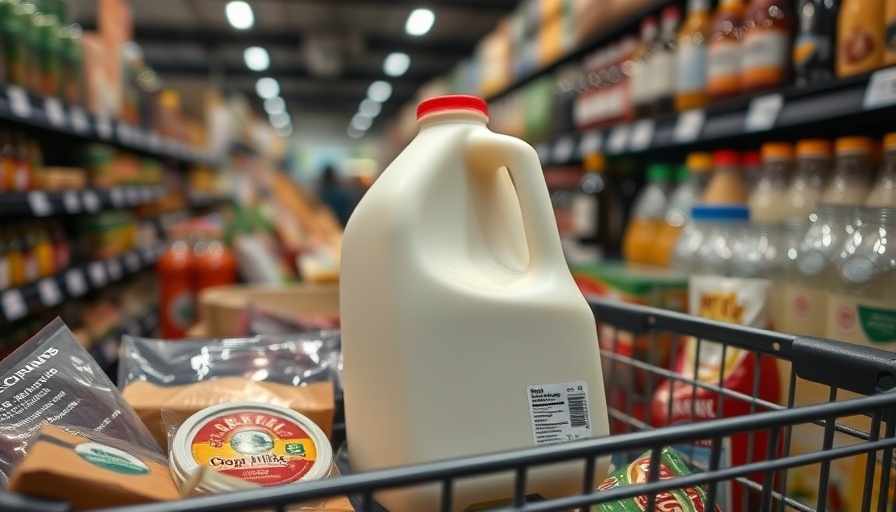 Raw milk gallon in grocery cart with organic produce, milk safety focus.