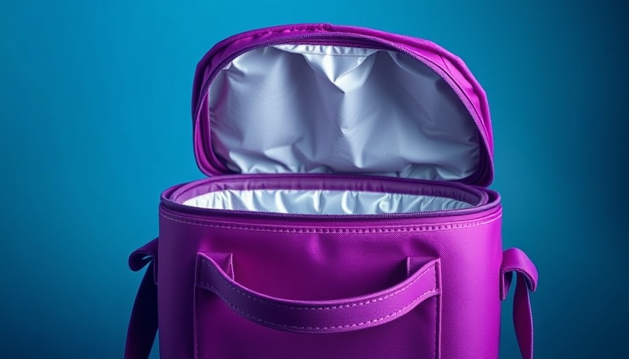 Purple insulated cooler bag with open lid against a blue gradient.