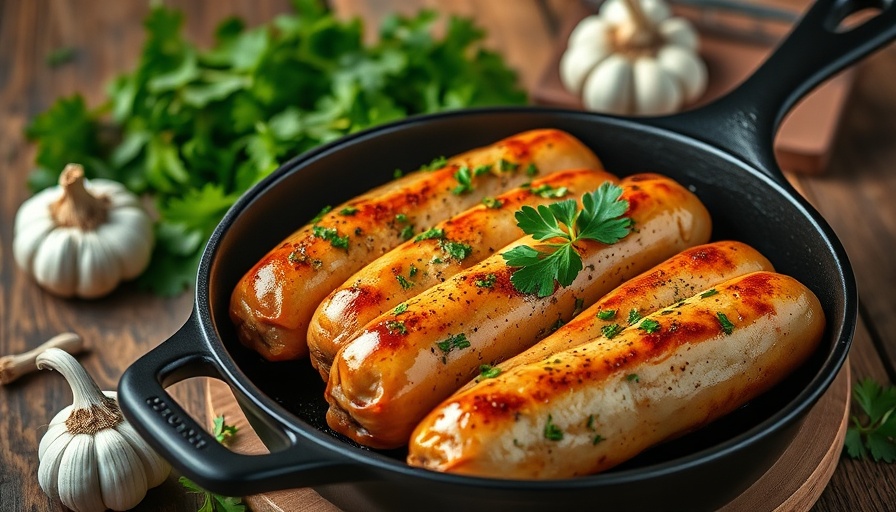 Healthy chicken sausage in skillet with herbs and garlic.