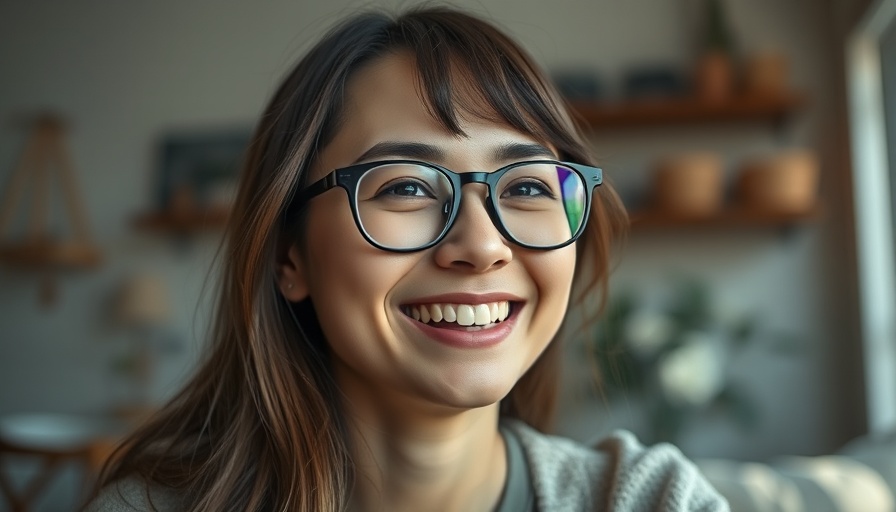 Young woman smiling in cozy indoor setting, virus prevention